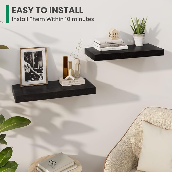 Solid Wood Floating Shelves For Wall, 24”W x 9”D x 1.56”H Large Wall Shelves for Living Room Bedroom Bathroom Kitchen Drcor Storage with Invisible Heavy-Duty Metal Bracket, Carbonized Oak, 2 Pack