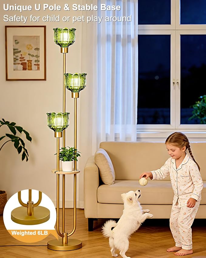 Lightdot Glass Floor Lamp for Living Room 3-Lights Modern Gold Floor Lamp with Green Glass Shade 3000K Bulbs Included Unique Tall Standing Lamp with 5Lb Heavy Base for Bedroom/Sofa Beside/Corner Decor