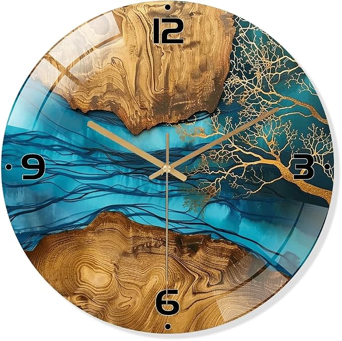 12 Inch Blue River Glass Wall Clock Silent Modern Art Decor | Silent glossy resin and wood-style wall clock perfectly tracks time, adding modern art to your living room
