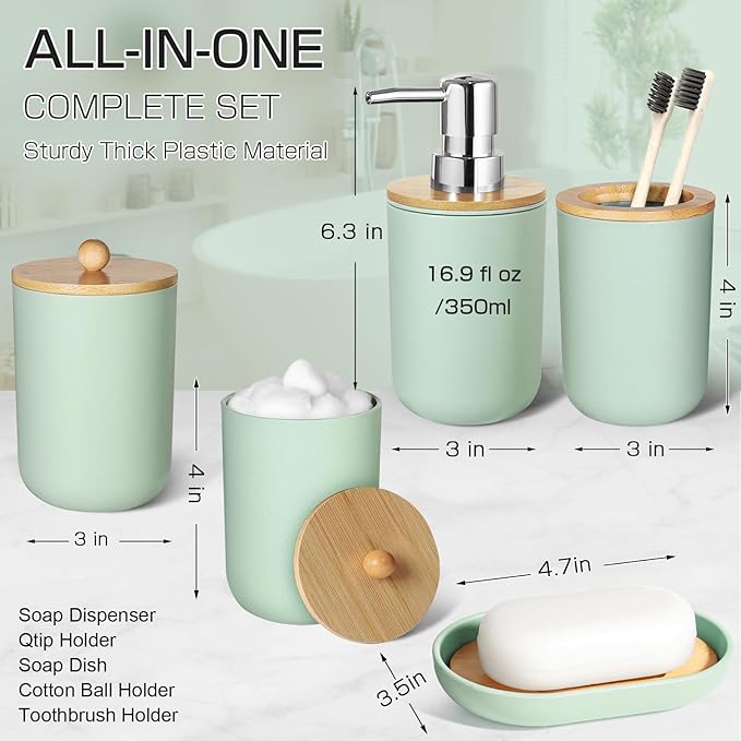 Green Bathroom Accessories Set 5 Pcs, Plastic Sage Green Bathroom Decor, Lotion Soap Dispenser and Toothbrush Holder Set, Qtip & Cotton Ball Holder, Green Bathroom Set, Boho Bathroom Decor