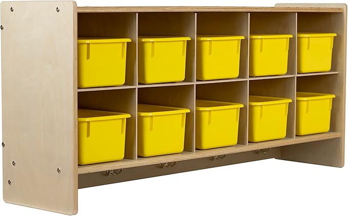 10 Section Storage Cabinet with Yellow Bins, 100% Birch Plywood Wall Mounted Storage Unit Preschool Cubbies for Classrooms and Toy Storage