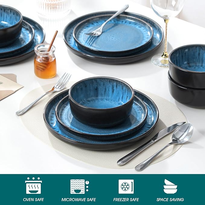 vancasso PLAYA Plates and Bowls Sets, 12 Pieces Blue Dinnerware Sets for Kitchen, Reactive Glaze Dishes Set for 4, Dishwasher and Microwave Safe