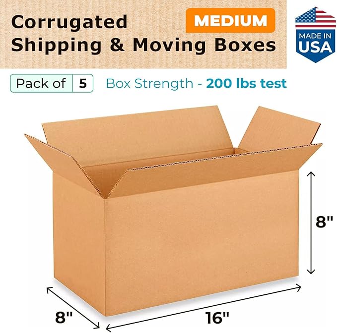 Medium Moving & Shipping Boxes 16 x 8 x 8 inches (5-Pack) - Extra Strength 200 lb vs Regular - Corrugated Strong Cardboard Boxes Moving and Delivering - Square Box - Cartons Box by IDL Packaging
