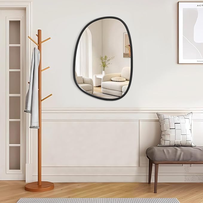 Asymmetrical Decorative Black Mirror for Wall Large Modern Oval Wooden Framed Wall Mirror Unique Shape Wall Mounted Vanity Artistic Wavy Mirror for Living Room Bedroom Bathroom Entryway 26"x18"