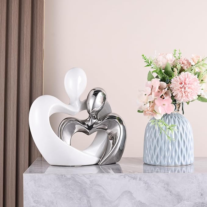 Silver Home Decor,Couple Statue Decor,Tv Stand Decor Living Room Decor Table ,Abstract Art Ceramic Statue and Sculpture,White Statues for Decor Couple Sculpture, Unusual Home Decor (White Silver)