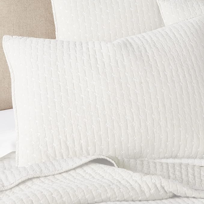 Levtex Home Cross Stitch Reversible King Bedspread Set (120x104in) with 2 Pillow Shams (36x20in) - Stitch Texture - Cream - Cotton King Size Bedspread Set - Soft, Pre-Washed