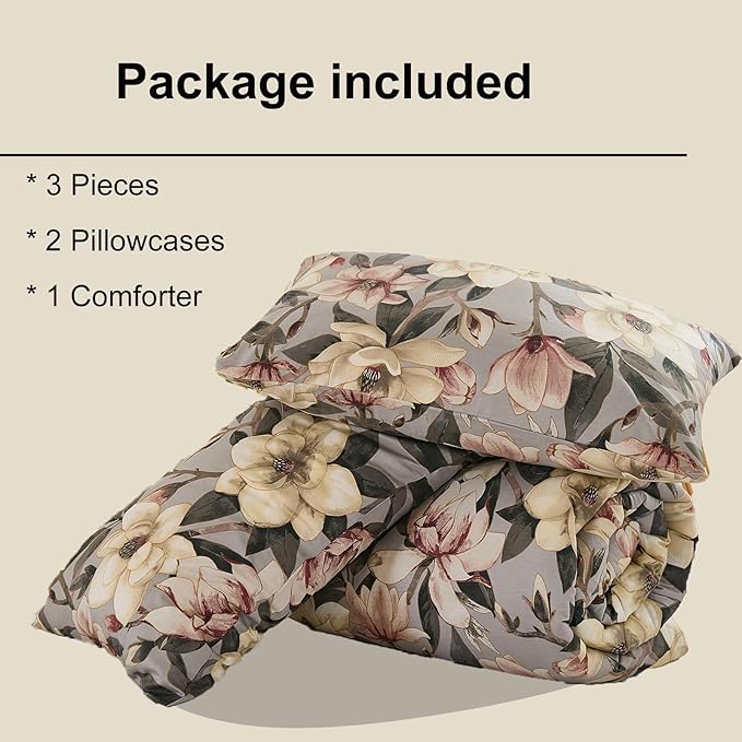 Bedding_Dreamer Floral Comforter Set King, 100% Cotton, Elegant Flowers Botanical Bedding Set Colorful Watercolor Cute Flower and Leaves Shabby Chic Cottage, 3 Pcs