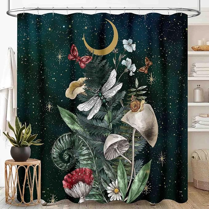 Mushroom Shower Curtain for Bathroom, Fairy Botanical Mushroom Cottagecore Gothic Moth Moon Star Nature Plants Herbs Retro Vintage VWaterproof Fabric Shower Curtain Set with Hooks, 72"x84" Inch