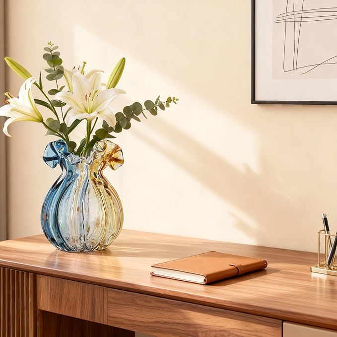 Hand-Blown Glass vase, Unique Wide-Mouth Glass vase, Modern Glass Art Decoration, Suitable for Living Room, Kitchen, Wedding, Dining Table, and Office Centerpiece Floral Arrangements.