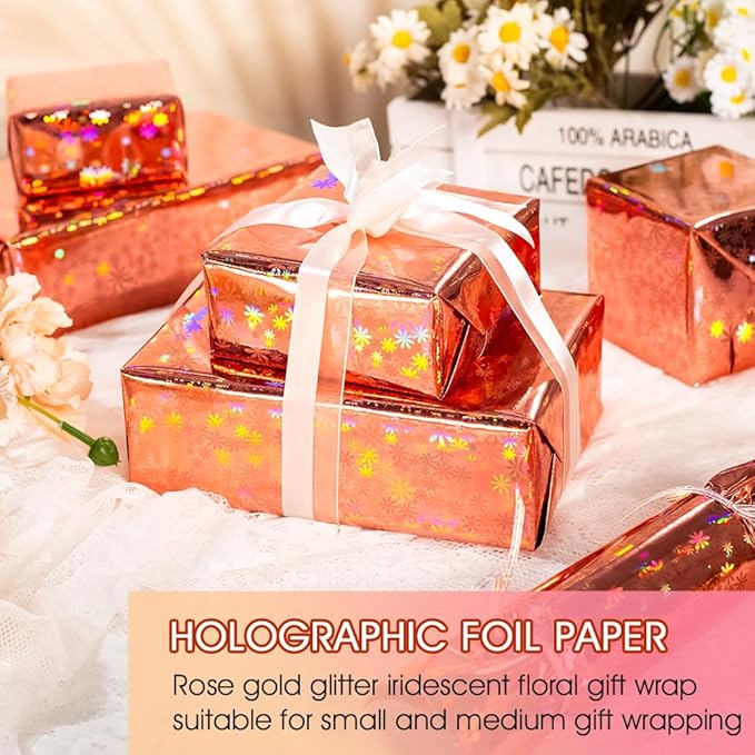 Yarcony Rose Gold Wrapping Paper Roll, Holographic Floral Gift Wrapping Paper - 17 Inch x 33 Feet - Shiny Iridescent Flower Design Thick Gift Wrap for Girl Birthday, Wedding, Mother's Day, Christmas