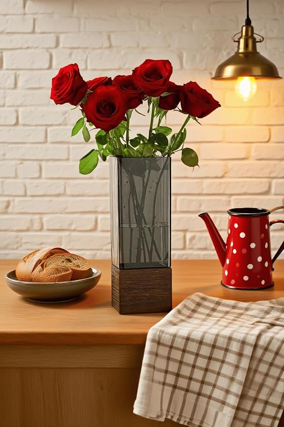 Shatterproof Acrylic Flower Vase with Wood Base–10”H*4.7''W Modern Table Centerpiece for Home Office Decor, Holds Fresh/Dried Stems, Lightweight&Stable, Present for Housewarming Christmas(Rectangular)