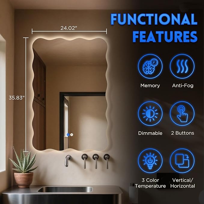 Wavy Led Bathroom Mirror- Vanity Mirror with Lights IP54 Enhanced Anti-Fog, 24"x36" Single Piece 3 Colors Dimmable, Memory,Tempered Glass,UL Listed