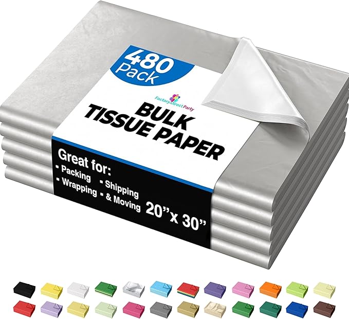 Party Solids Silver Tissue Paper for Gift Bags - 20" X 30" Bulk Tissue Paper Silver 480 Sheets - 10lb Newsprint for Packing, Birthday Gift Box Filler, Packing Supplies for Moving Supplies