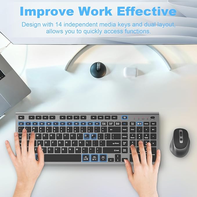 FENIFOX Wireless Keyboard and Mouse, Rechargeable USB C Combo Silent Quiet Compact Full Size Flat with Number Pad Soft Cover for Mac MacBook iMac Windows PC Laptop Computer Office - Black & Grey