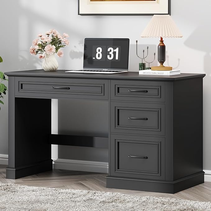 Farmhouse 47" Executive Desk, Computer Desk with Drawers and File Drawer, Workstation Computer Desk with Charging Station for Home Office, Study,(Pure Black)