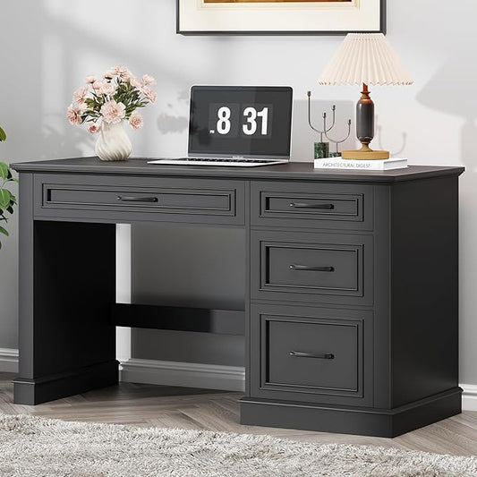 Farmhouse 47" Executive Desk, Computer Desk with Drawers and File Drawer, Workstation Computer Desk with Charging Station for Home Office, Study,(Pure Black)