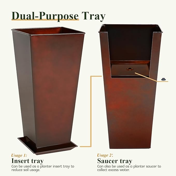 Worth Garden Large Metal Glazed Planter Set of 2 (25" + 28"), Luxurious Glossy Finish Red Tall Square Tapered Steel Plant Pot, Decor Flower Pot Indoor & Outdoor, Drainage Hole & Dual-Purpose Saucer
