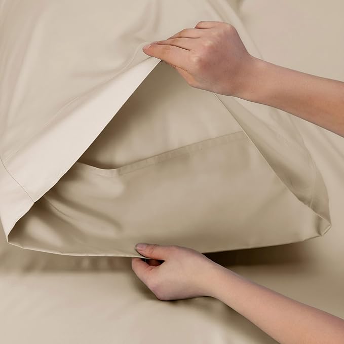 Bedsure Queen Sheet Set, Rayon Derived from Bamboo, Cooling Sheets, Deep Pocket Up to 16", Breathable & Soft, Hotel Luxury Silky Bedding for Hot Sleepers, Beige