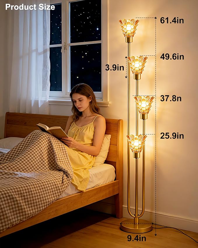 63IN 4-Lights Glass Floor Lamp Modern Dimmable Floor Lamps with Amber Glass Shade& Warm White Bulbs for Wedding/Party, Gold Tall Standing Lamp with 5Lbs Heavy Base for Living Room/Bedroom