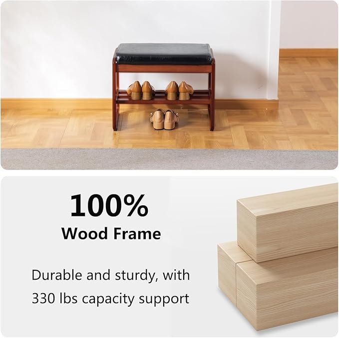 SOBIBO Solid Wood Shoe Bench, 2-Tier Wooden Entryway Bench, Modern Shoe Rack with Faux Leather Cushion for Hallway, Living Room (Black, 21.65'')