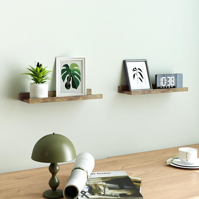 Floating Shelves for Wall Decor, Wall Mounted Wood Storage Shelf for Bedroom, Living Room, Bathroom, Kitchen, Nursery, Rustic Display Picture Ledge Shelf with Lip Set of 2-14 Inches, Brown