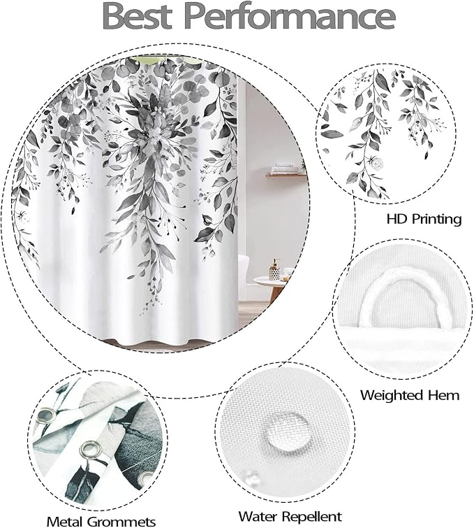 Gray and White Eucalyptus Shower Curtain Watercolor Grey Floral Plant Leaf Shower Curtains for Bathroom Botanical Flower Waterproof Fabric Bath Curtain Decor with Hooks (Black, 72'' x 72'')