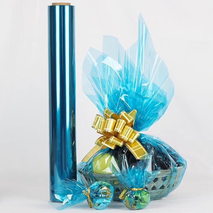 CMFYHM Blue Cellophane Wrap Roll,Colorful Cello 34 In Wide X 100 Ft Long, Translucent Colored Cellophane Wrapping Paper for Gift Baskets Wrap, Treats, Holiday, DIY Arts Crafts Decoration (Blue)
