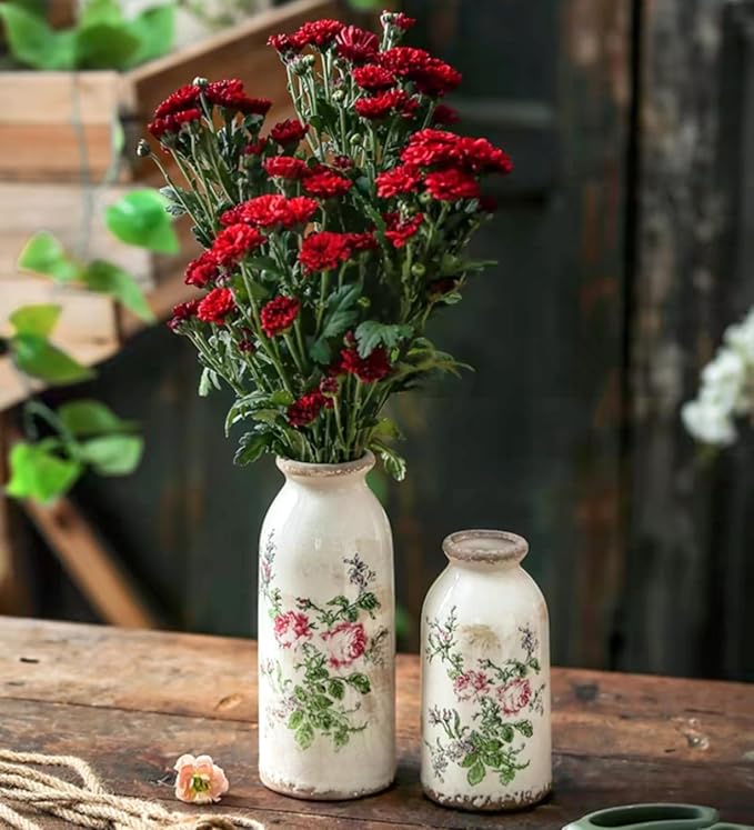 Ceramic Rustic Farmhouse Vase, Distressed Floral Pattern, Holds Water, With Handle, 7.8 inches