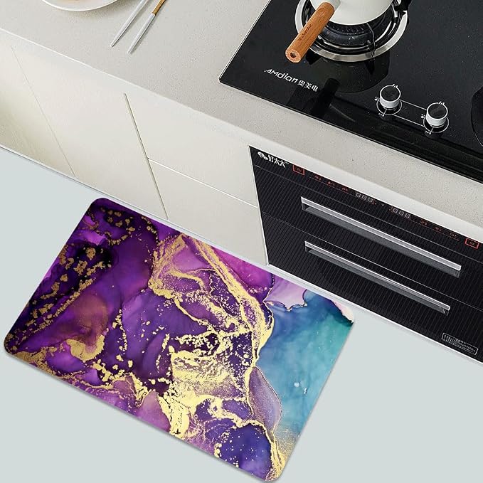 Diatomaceous Earth Bath Mat,Purple, Gold and Blue Marble Non-Slip Volume Super Absorbent Fast Drying for Bathroom Kitchen Door mat,Eco-Friendly Easy to Clean 20×31Inch (50 * 80cm)