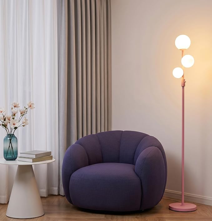 Fiqevs Modern Pink Globe Floor Lamp with Frosted Glass Shade and LED Bulbs, Dimmable Elegant Standing Lamp with Foot Pedal, Tall Pole Lamp for Girls Room, Bedrooms, Office