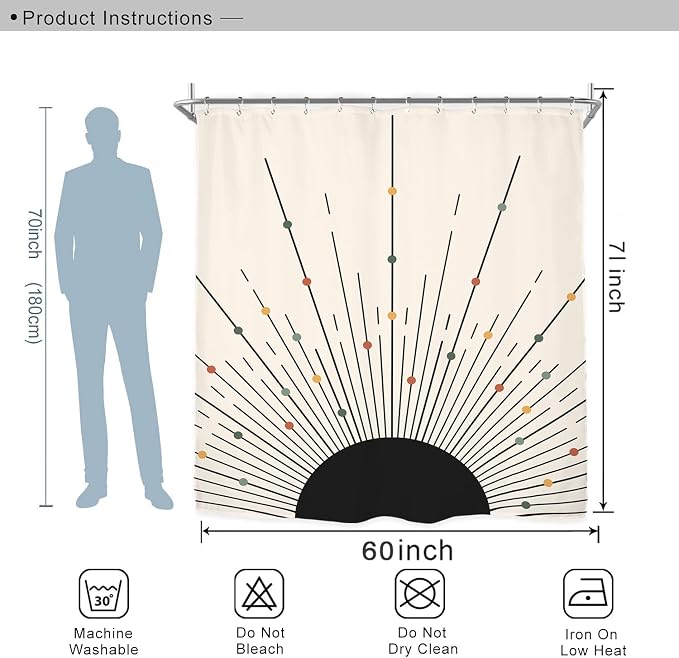 Miyotaa Black Sun Shower Curtain Set 60Wx71H Inches Abstract Minimalist Modern Sunrise Sunset Aesthetic Sunburst Waterproof Bathroom Curtain with 12 Hooks