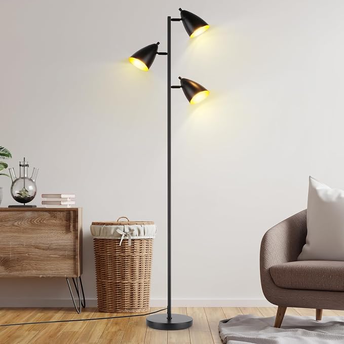 LALISU Tree Floor Lamp for Living Room, Industrial 3-Light Standing Lamp with 3 LED Bulbs, Adjustable Rotation Heads, Standing Tall Pole Lamp Farmhouse Rustic Reading Lamps for Bedroom Office (Black)