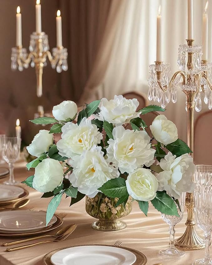 Premium White Peonies Artificial Flowers, Bulk Fake Silk Peony Flowers with Stems, Faux Florals for DIY Wedding Bridal Bouquets, Floral Arrangements, Table Centerpieces, Home Decorations