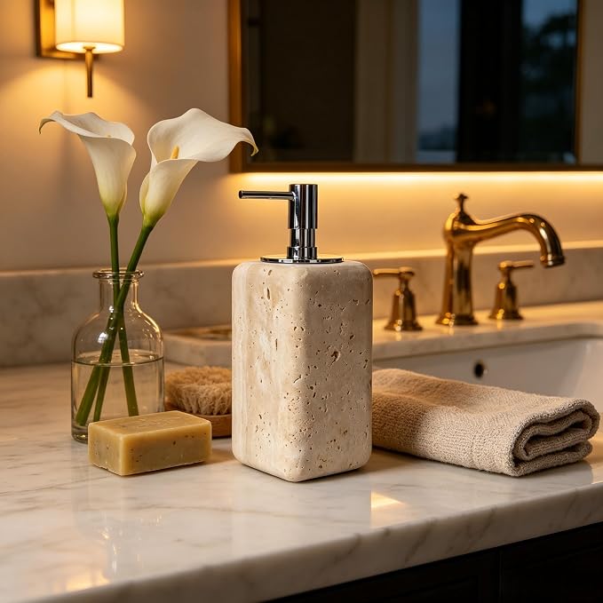 Ivory Travertine Soap Pump, Refillable Bathroom Liquid Dispenser with Aluminum Pump, Natural Organic Stone Hand Lotion Dispenser, Pump Bottle Dispenser for Bathroom and Kitchen Countertop