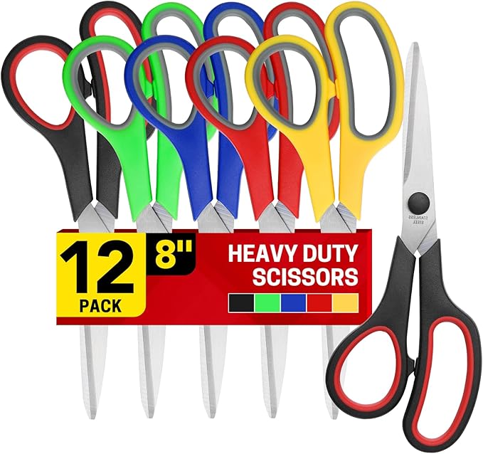 BURVAGY 8" 12 Pack All Purpose Heavy Duty Scissors- Comfort-Grip Sharp Scissors for Office School Sewing Fabric Craft High/Middle School Student Teacher Scissor, Right/Left Hand