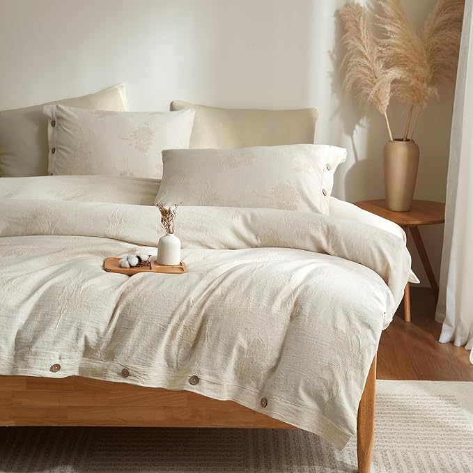 mixinni Queen Duvet Cover Set - 70% Cotton 30% Linen Blend, Bohemian Floral Jacquard 3-Piece Comforter Cover with 2 Pillowcases, Soft Breathable Lightweight Bedding Set (90"x90"), Almond Milk Grey