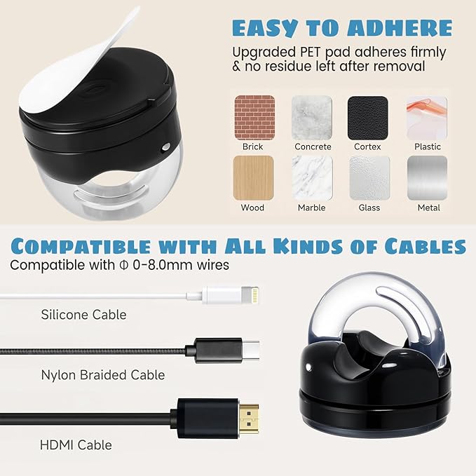8 Pcs Rotatable Cord Organizer 1s Clip-on Magnetic Cord Holder Strong Adhesive Easy-Open Cable Clips for Bedside, Desk, Home, Office, Works as a Hanging Hook, Holds up to 2.2 Lbs