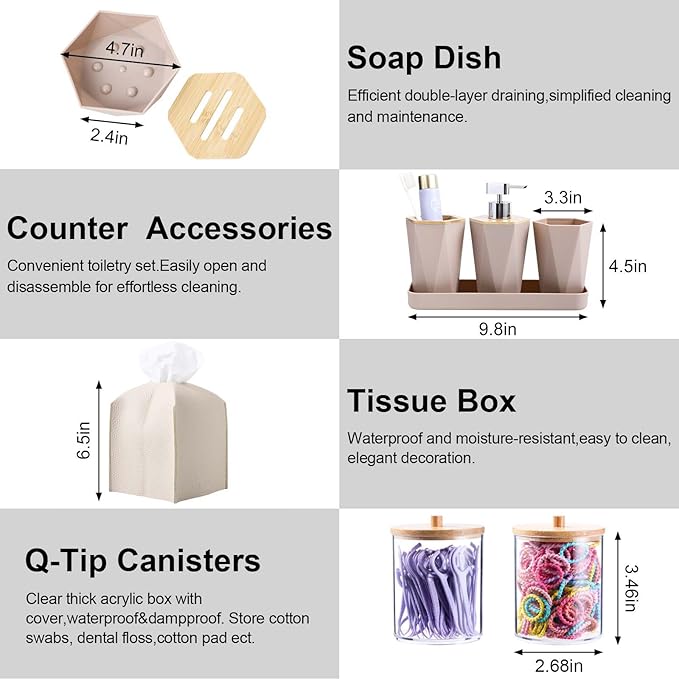 Beige Bathroom Accessories Set, 10 Pieces Bamboo Bathroom Set with Trash Can, Tray, Soap Dispenser, Soap Dish, Toothbrush Holder, Toothbrush Cup, Tissue Holder, Toilet Brush and Qtip Holders