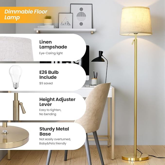Modern Floor Lamp for Living Room and Bedroom- 55"-67" Height Adjustable Standing Lamps with Dimmable LED Bulb and Remote Control-Bright Tall Stand Light with Shade for Corner Lighting （Gold）