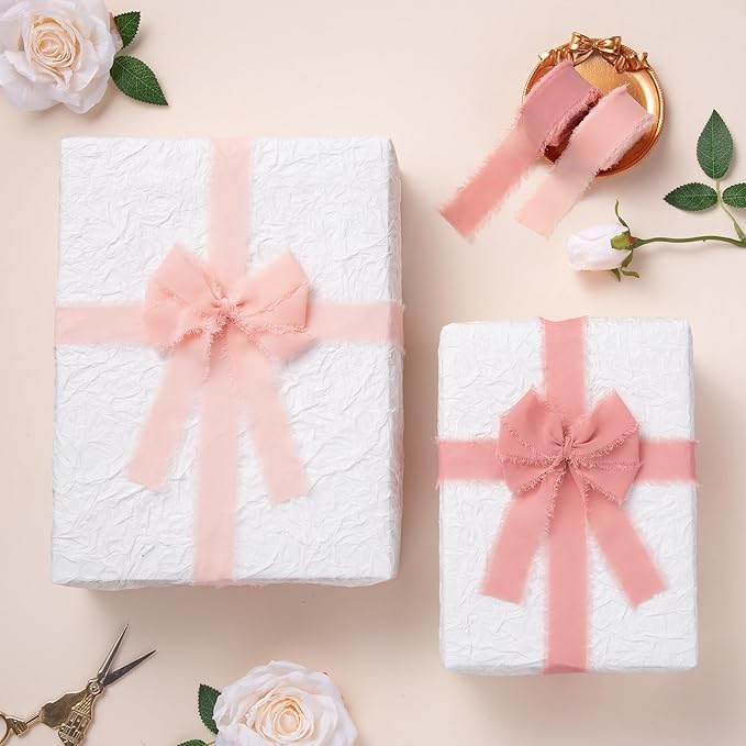 DORIS HOME Blush Pink Chiffon Ribbon for Flower Bouquet, 1" x21Yd Fabric Ribbon for Gift Wrapping, Handmade Frayed Ribbon for Wedding Invitations/Christmas Decorations