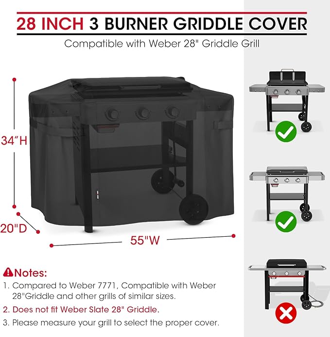 Unicook Griddle Cover Compatible with Weber 28 Inch Gas Griddle, 55" Grill Cover Compared to Weber 7771, Heavy Duty Waterproof 3 Burner Flat Top BBQ Protector with Hood, All Weather Protection, Black