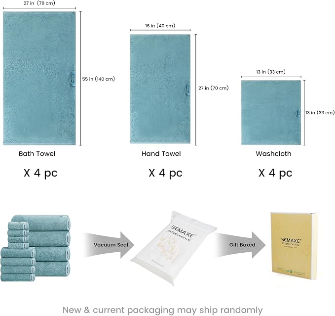 SEMAXE Bath Towel Set, 12 Piece Cotton Towel Set for Bathroom, More Towels for Family Use, Quick Dry with Hanging Loops, Easy Care, Blue