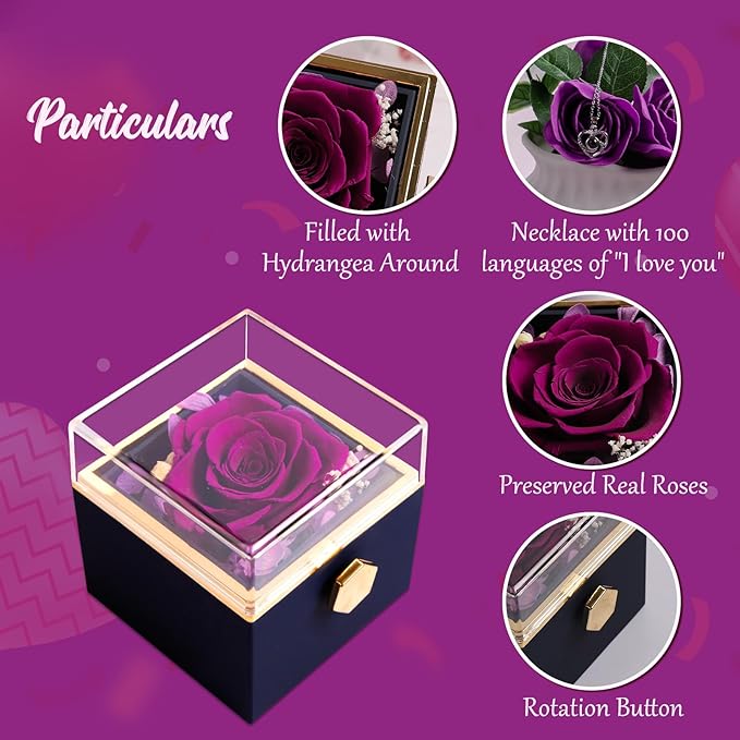 Preserved Real Purple Forever Rose Rotating Box with I Love You Necklace 100 Languages,Forever Flowers Rotating Jewelry Box Gifts for Women Mom Wife Girlfriend,Mothers Day Birthday Anniversary