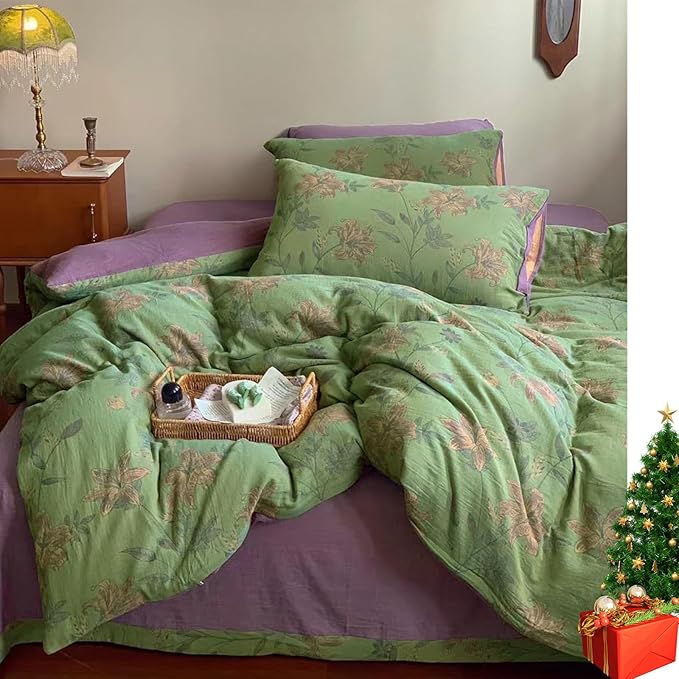 VM VOUGEMARKET Green Duvet Cover Set Full,Lily Flower Jacquard Duvet Cover with 2 Pillowcases 3Pcs Yarn-Dyed Linen Cotton Green Purple Bedding Set for Teens Girls Without Comforter-80 x90