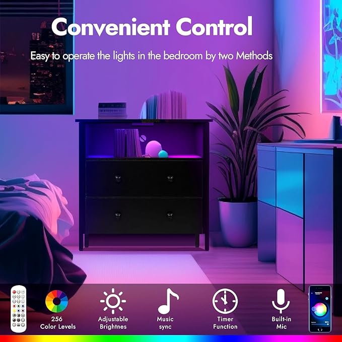 27 Inch Wide Night Stand, Large Wood Night Stand Set 2 with 2 Drawers, LED Nightstand with Charging Station and Adjustable Drawer, Bedside Table for Living Room/Bedroom/Study/Office, Black.
