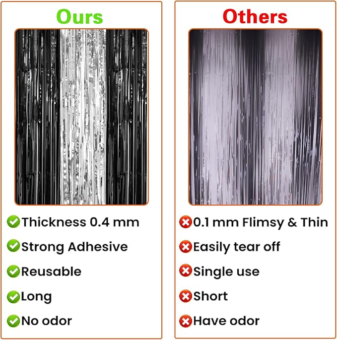2 Pack 3.2 x 8.2 ft Black and Silver Foil Fringe Curtains Party Decorations, Sparkle Tinsel Curtain Photo Backdrop for Birthday Wedding Graduation Stream