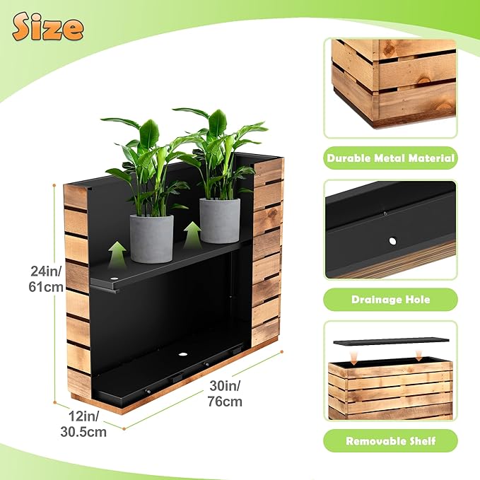 Metal Planter Box Rectangular Planter Box with Drainage Hole, Outdoor Large Planters, All-Weather Use, Rust-Resistance, for Flowers Plants, 29.9" L × 12" W × 24" H, Dark Walnut