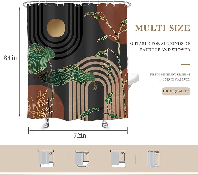 Glawry Dark Abstract Extra Long Shower Curtain Boho Mid Century Retro Tropical Palm Tree Sun Brown Modern Bathroom Simple Geometric 72Wx84L Inches Bath Accessories Art Home Decor Fabric 12 Pack Hooks