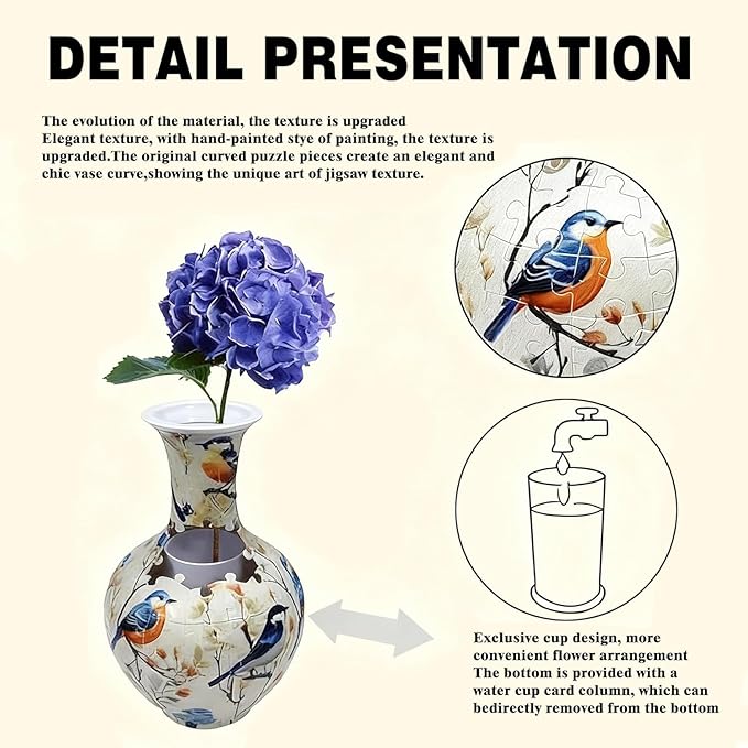 3D Puzzle Vase, 160 Curved Pieces DIY Flower Vase Craft Kit & 3D Puzzles for Adults, Creative Jigsaw Art Project Home Décor Centerpiece, for Women, Mom (White Birds & Blossoms)