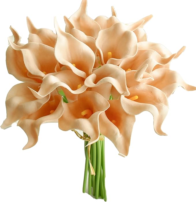 Mandy's PU Champagne Calla Lily Artificial Flowers 20 Stems 13.5in Faux Realistic Centerpiece for Thanksgiving and Christmas Decorations DIY Bridal Bouquet Home Décor